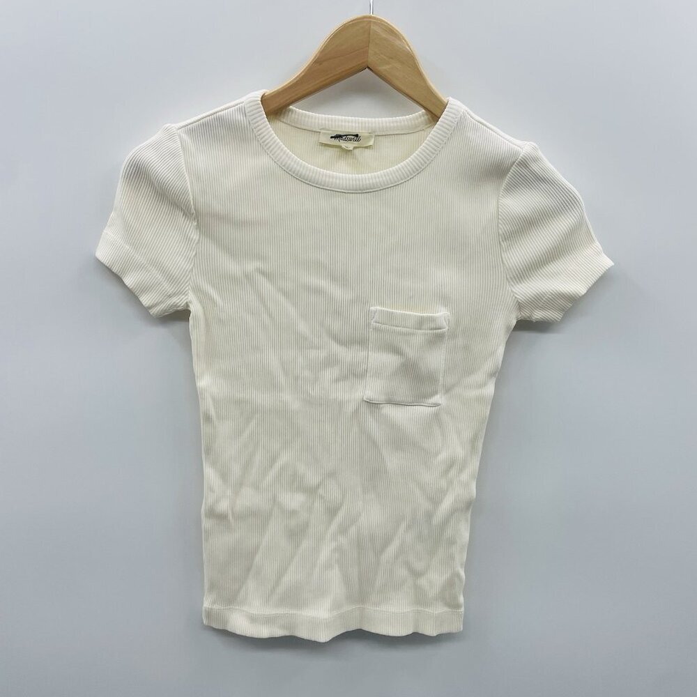 Madewell Womens XXS Garment-Dyed Ribbed Crewneck Pocket Tee in Vintage Ivory 485